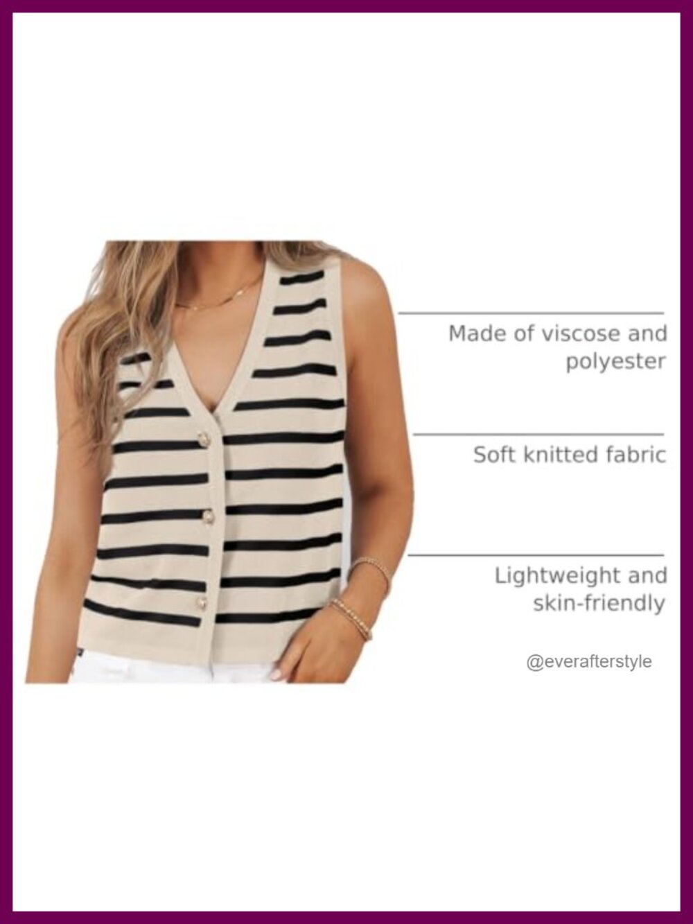 Striped Sweater Vest Button Up Sleeveless V Neck Knit Top - Picture 3 of 6